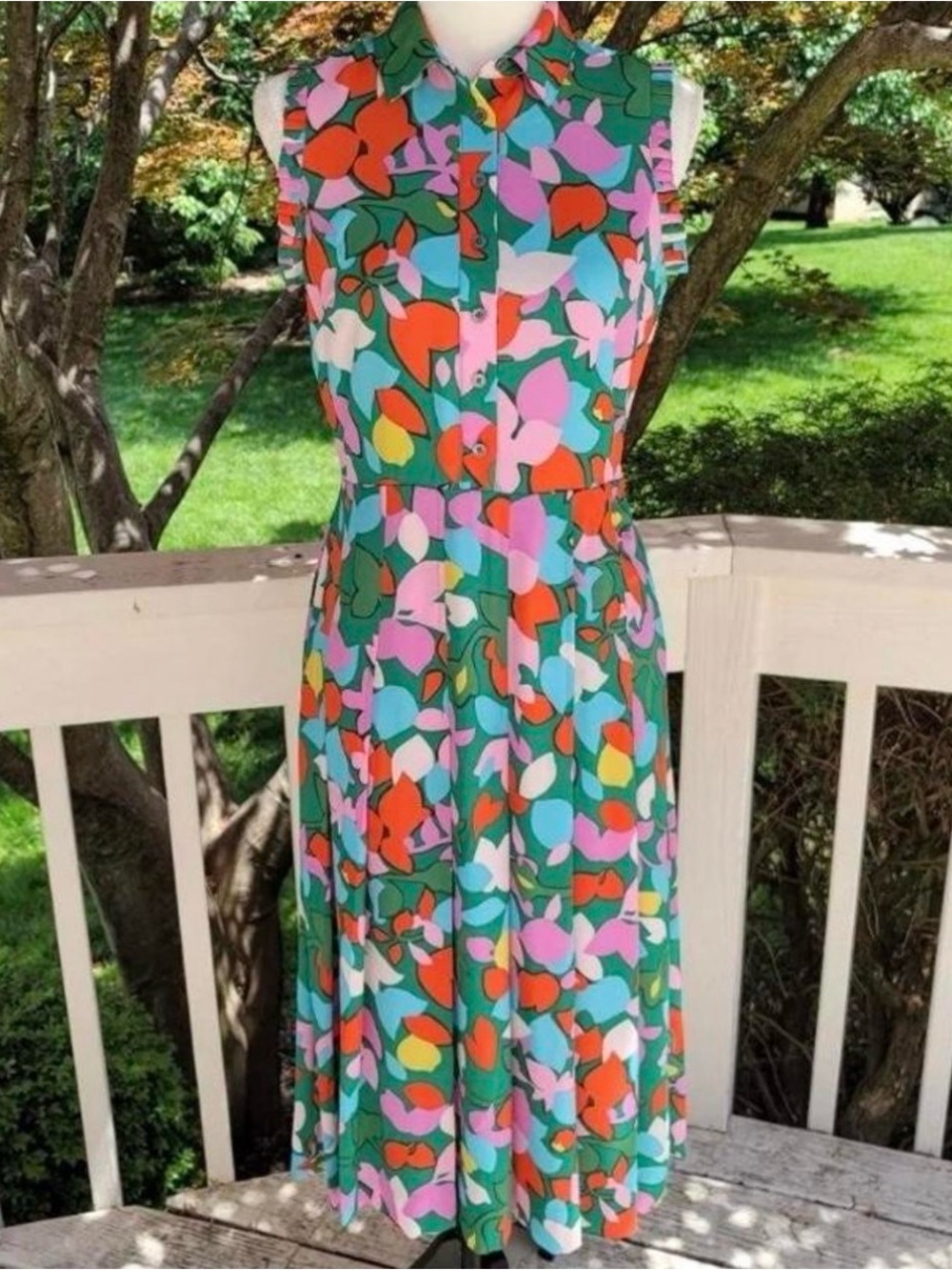 J. Crew Green Floral Sleeveless Midi Dress with Pink & Orange Accents - Picture 2 of 4